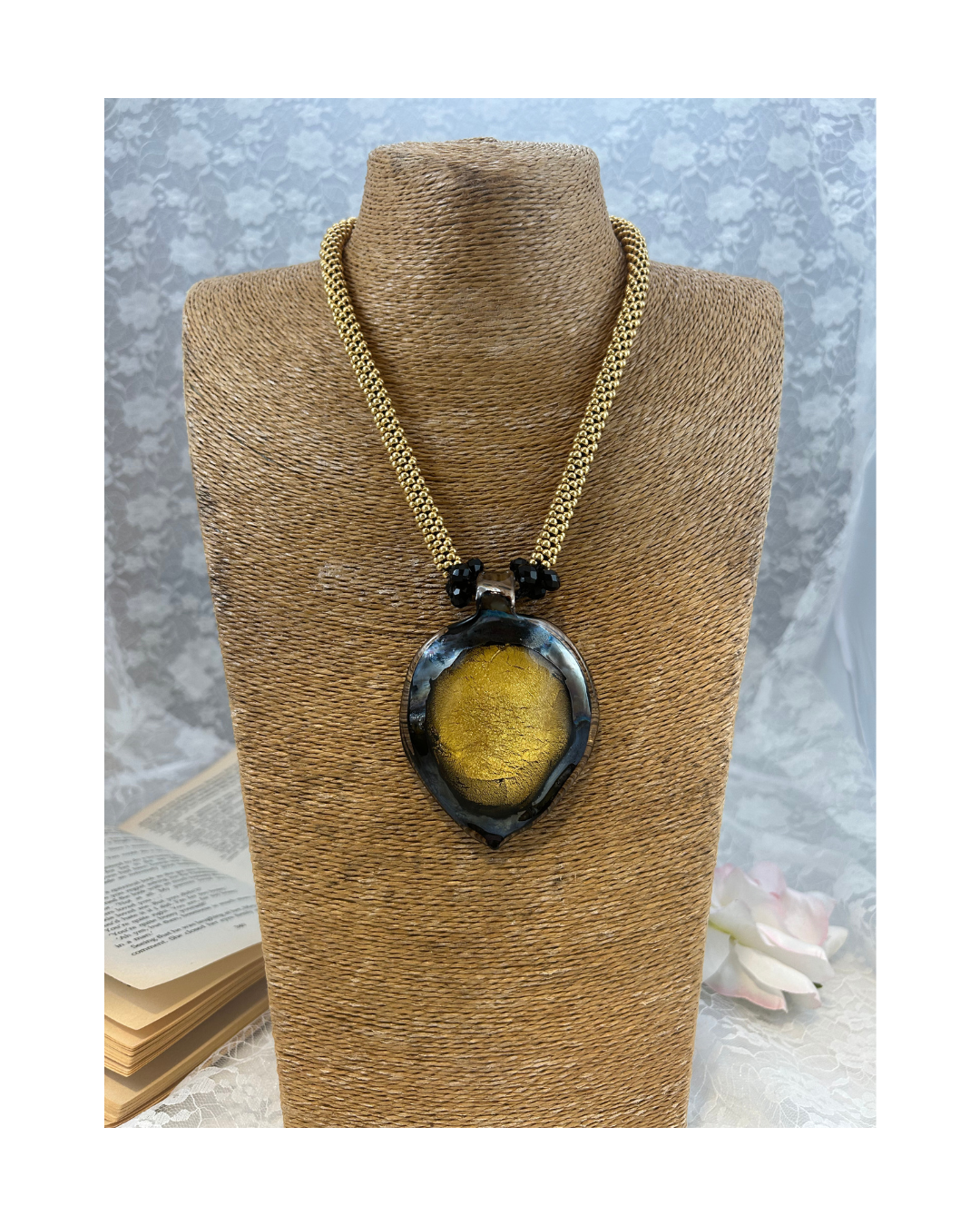 Gold and Black medallion Murano on gold beaded kumihimo